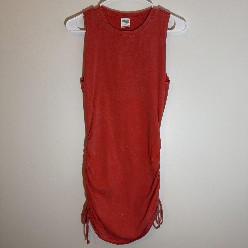 Victoria's Secret PINK Coral Ruched Side Tank Dress Drawstring Tie Orange M